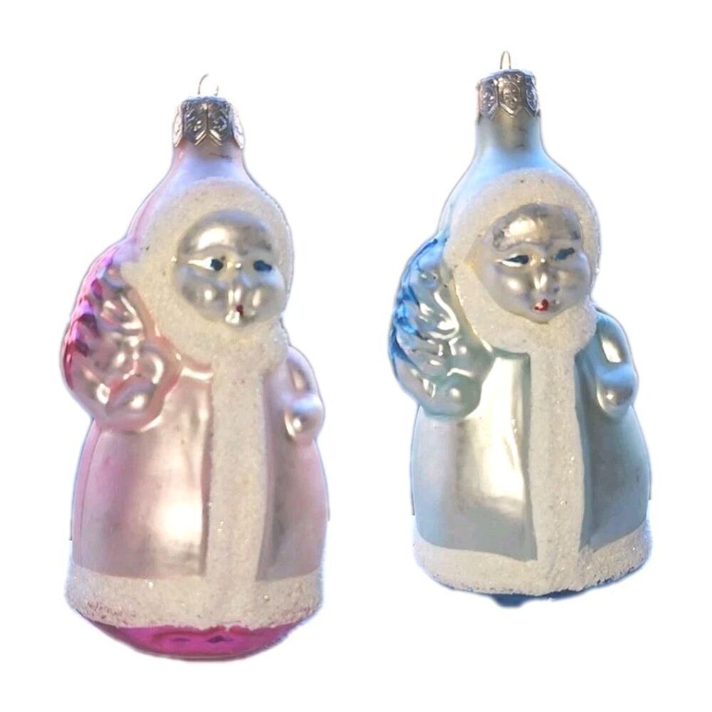 Set Of 2 Vintage Poland Pink & Blue Blown Snow Girls Mercury Glass Ornaments